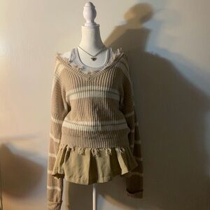 Off shoulder tan beige striped sweater jumper